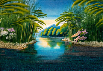 Poster - Calm Chinese landscape with a tranquil river reflecting the blue sky, lush green plants, and distant mountains under daylight.
