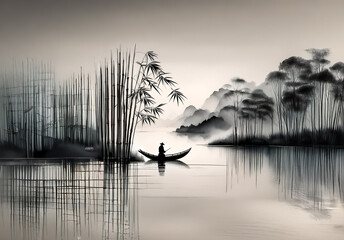 Poster - Serene Chinese landscape featuring a lone figure in a boat on calm water, surrounded by bamboo and misty mountains. Black and white ink wash style.