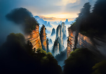 Poster - Majestic landscape of China featuring towering, slender mountain peaks piercing through a soft, ethereal mist under a vibrant sky.