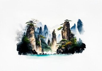 Poster - Serene China landscape with towering rock formations and lush greenery. Misty mountains and calm water create a peaceful scene.