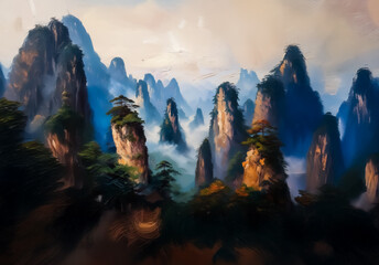 Poster - An impressive mountain landscape in China, showcasing towering peaks rising above a layer of mist, creating a serene and picturesque view.