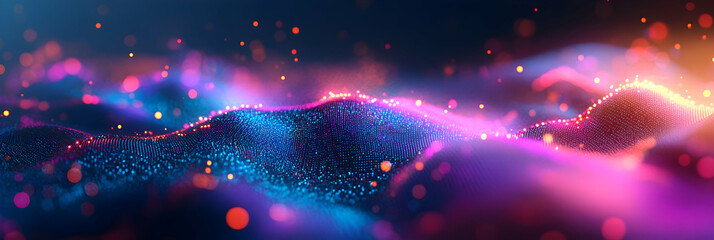 Poster - Abstract digital background with glowing waves of colorful light and dots