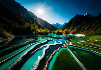Poster - A stunning Chinese landscape showcases vivid turquoise pools cascading through lush green hills under a radiant sunlit sky. Serene and picturesque nature.
