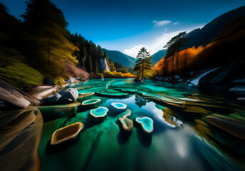 Poster - Vibrant China landscape showcases turquoise river pools cascading through forested mountains under a clear blue sky. A scenic vista of natural beauty.