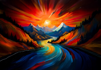 Poster - A vivid landscape painting evoking China's majestic scenery. Mountains rise above a flowing river under a radiant sky, painted with bold, expressive brushstrokes.