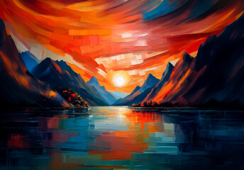 Poster - Vibrant landscape art of China. Fiery sky and mountains mirrored in water. Scenic view with warm hues and a tranquil, painted atmosphere.