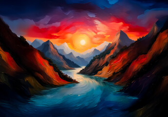 Aufkleber - Vibrant landscape of China featuring majestic mountains and a flowing river under a dramatic sunset sky. Painted style.