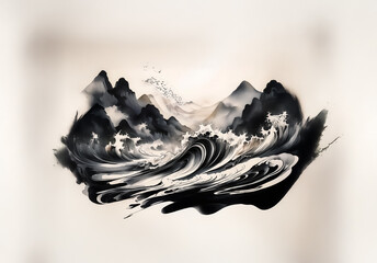Poster - Chinese ink wash landscape art shows dramatic mountains meeting crashing ocean waves.  Monochrome painting evokes traditional Asian scenery, possibly in China.