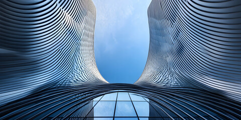 Poster - A sleek, modern building with curved glass windows against the blue sky