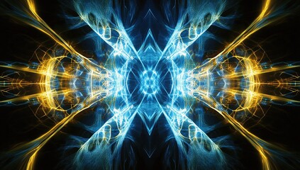 Poster - Abstract Blue and Gold Energy Flows Create Stunning Visuals, an Intricate Fractal Pattern with Symmetrical Design.