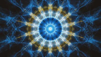 Poster - abstract blue and gold mandala: intricate design, symmetrical pattern, circular geometry, vivid colo