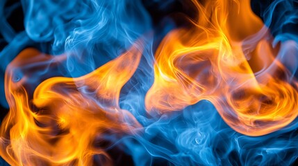 Poster - Blue and orange fire and smoke swirls, abstract background, energy concept, design element
