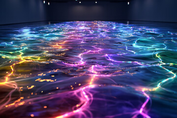 Wall Mural - A spacious, dark environment where networks of neurons blaze with colorful micro currents, forming