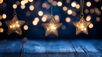 Wall Mural - Three Glowing Gold Star Ornaments Against Blue Bokeh Background, Winter Holidays Festive Decoration