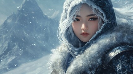 Wall Mural - An Asian warrior princess wearing a fur-lined hood and thick winter clothes, white hair flowing over the snowy peaks. background wallpaper AI generated image