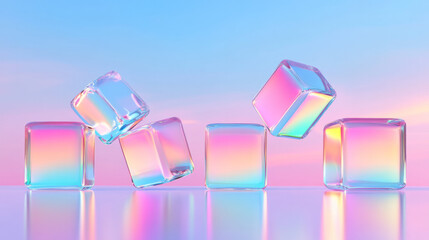 Aufkleber - A minimal scene of floating, opalescent cubes reflecting soothing pink and blue tones, adding a