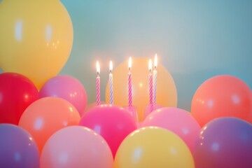 Poster - Colorful birthday table with vibrant balloons and glowing candles creating a festive atmosphere for celebration. Generative AI