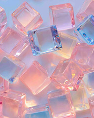 Poster - A hypnotic dance of reflective cubes in pearlescent pink and blue, overlapping and bending their