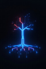 Poster - A sleek, high-tech tree form with neon-lit roots branching into circuit paths, merging natural