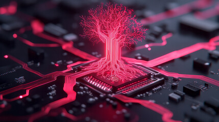 Poster - A glowing electronic tree trunk whose roots interlace with a complex motherboard, symbolizing