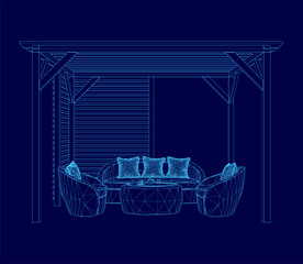 Poster - A blue drawing of a patio with a blue roof and wall. The patio has a blue color scheme and is furnished with a couch and a couple of chairs