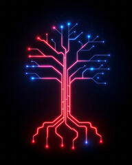 Poster - A stylized neon tree with circuit-like branches and luminous roots, highlighting the harmony of