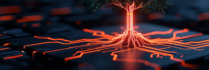 Poster - A luminous tree silhouette where the roots transform into intricate circuit traces on a glowing