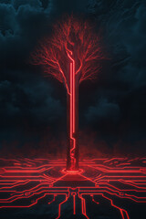 Poster - A high-contrast digital collage featuring a stylized tree trunk atop a circuit base, neon lines
