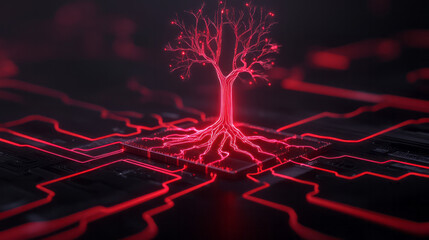 Poster - An otherworldly tree graphic whose radiant root system seamlessly fuses with a labyrinth of