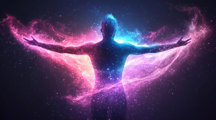 Poster - A futuristic vision of a person radiating vibrant cosmic light, with glittering energy waves