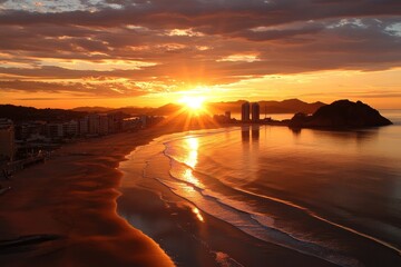 Sticker - Vibrant sunset over calm ocean waves at beachside city with stunning reflections and silhouettes