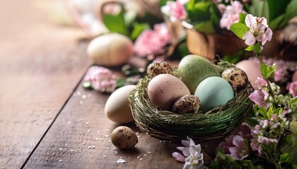 Wall Mural - Happy Easter. Congratulatory easter background. Easter eggs and flowers