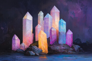 Poster - Crystalline structures emerging from a metallic floor, each layer radiating a faint glow, evoking a