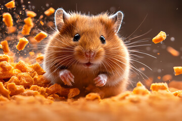 Poster - A dynamic angle capturing the hamsterâ€™s high-speed run, with a flurry of bright orange carrot