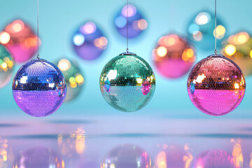 Poster - A vibrant nightclub scene illuminated by multiple disco balls twirling overhead, their colorful