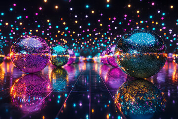 Aufkleber - A vibrant nightclub scene illuminated by multiple disco balls twirling overhead, their colorful