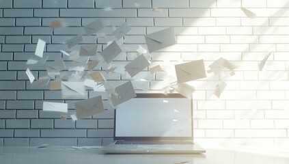 Poster - Laptop Receives Digital Messages, Emails Flying Towards Screen,  Efficient Communication System, Instant Delivery, Modern Technology.