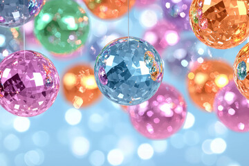 Poster - A glimmering overhead array of disco balls reflecting lively color bursts onto partygoers, crafting