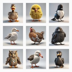 Aufkleber - Cute 3D bird models of various species are displayed against a simple studio backdrop, showcasing their diverse avian features.