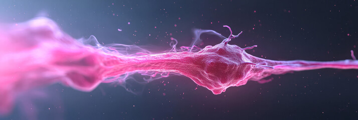 Poster - A close-up of a bioluminescent cell in rich crimson hues, expanding and contracting as tiny energy