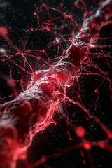 Poster - A sci-fi-lab setting focusing on a single red cell with throbbing membranes, slender filaments