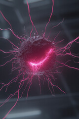 Fototapete - A sci-fi-lab setting focusing on a single red cell with throbbing membranes, slender filaments