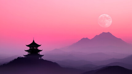 Aufkleber - A serene view of a silhouetted pagoda at dusk, accented by the cool radiance of the moon gently