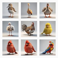 Poster - Cute 3d bird models in a simple studio setting. Various avian species are showcasing detailed feathers and realistic textures.