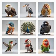 Aufkleber - Nine cute 3d bird models showcase diverse avian species in digital illustrations, each standing against a plain background. A charming collection of feathered friends.