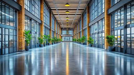 Wall Mural - Modern industrial building hallway, plants, city backdrop, office space