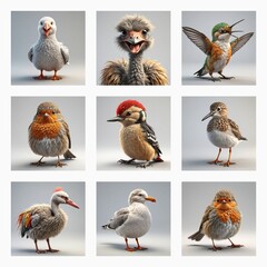 Aufkleber - A collection of cute 3d bird models featuring diverse avian species. Digitally rendered birds with varying plumage and features.