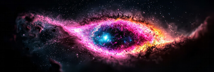 Poster - A deep-space tapestry featuring a glowing eye shape, carved from swirling, colorful nebular blooms,