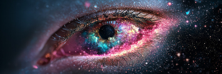 Aufkleber - A deep-space tapestry featuring a glowing eye shape, carved from swirling, colorful nebular blooms,