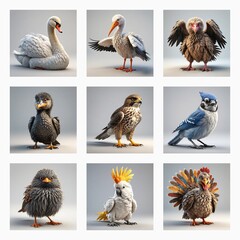 Poster - Charming 3D bird models showcased in a grid, each uniquely posed.  A cute and diverse collection of avian species rendered in a soft, cartoonish style, highlighting their distinct features.